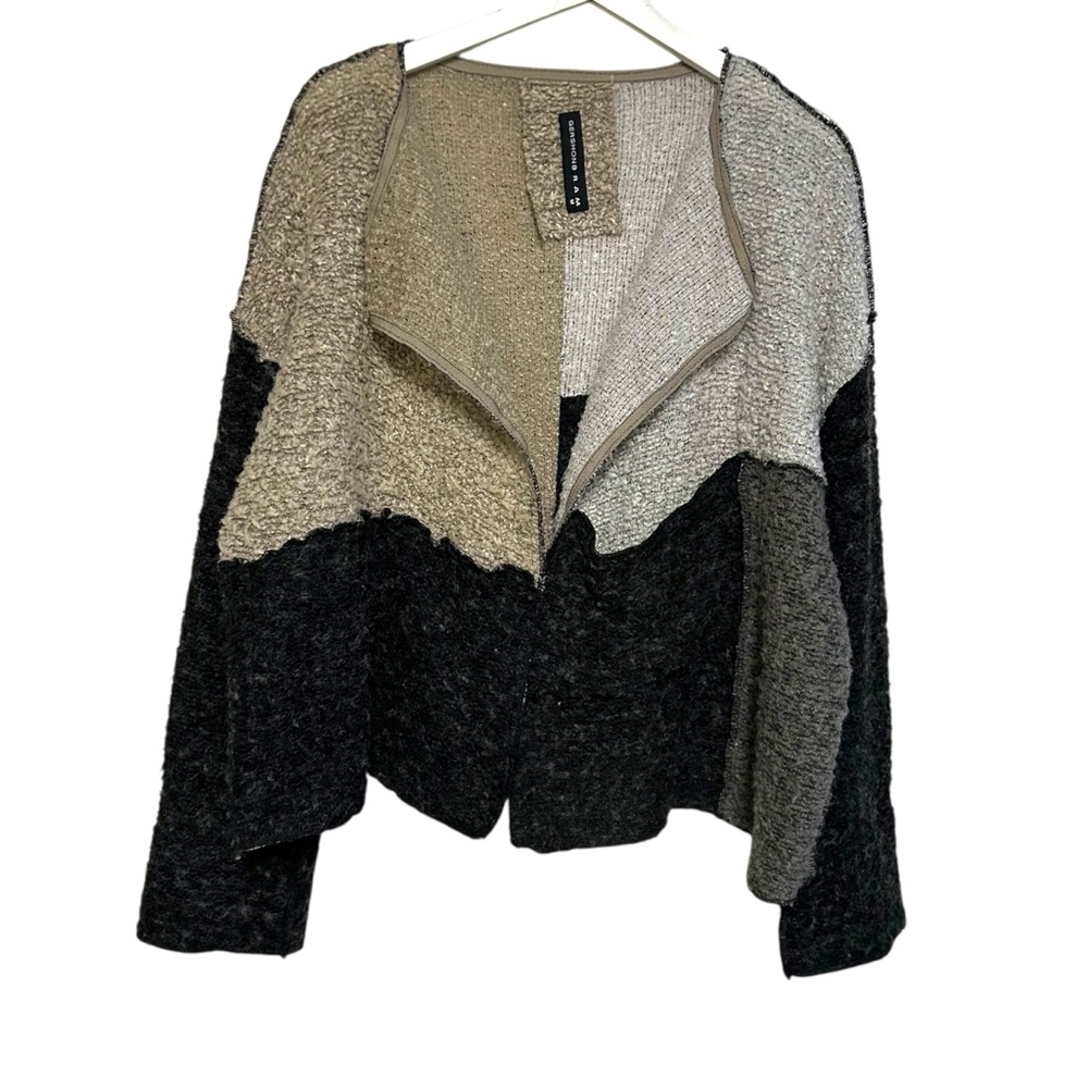 Gershonb R A M open front cardigan M patchwork color Lagenlook Art to wear funky